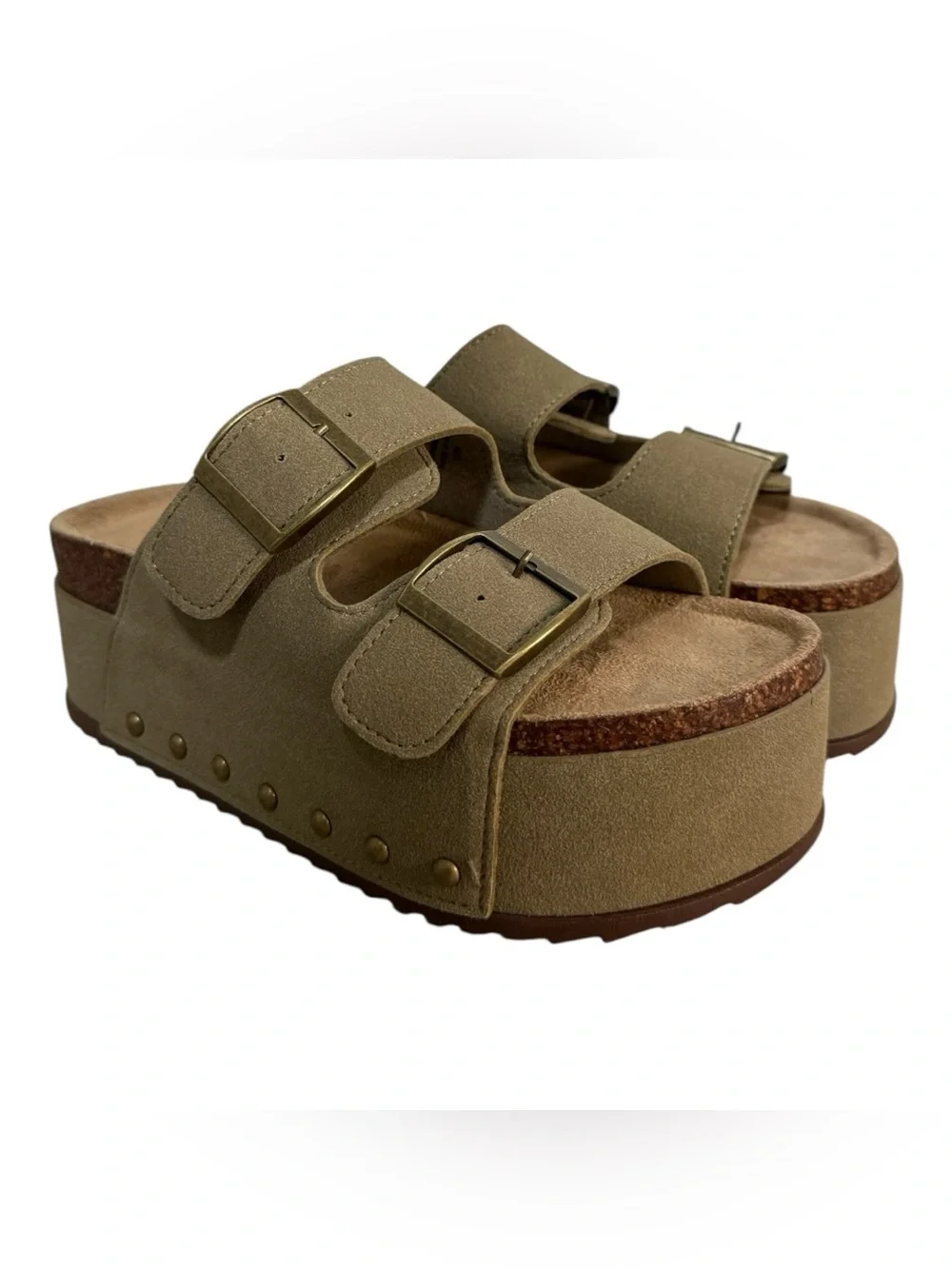 Madden Girl Double Buckle Platform Slide Sandals Taupe Women’s Size 6